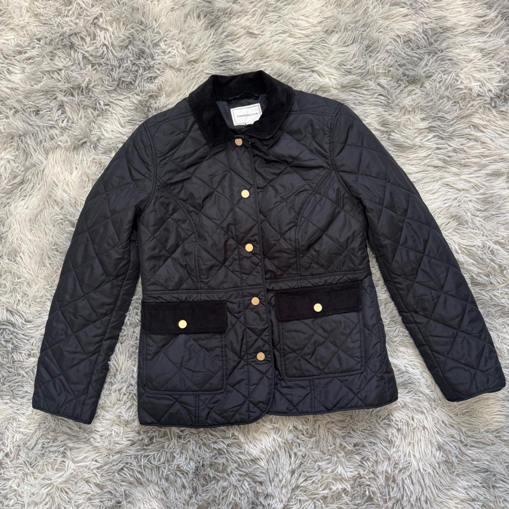 Charter Club Barbour Style Barn Coat Quilted Corduroy Collar Navy Black PXS